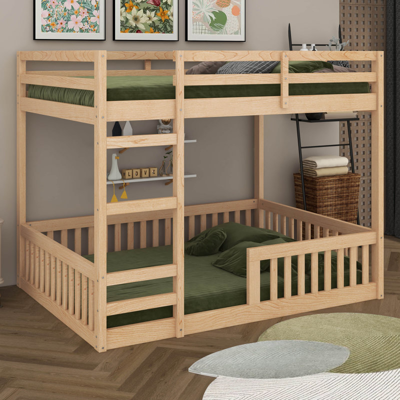 Full Over Full Wood Bunk Bed With Ladder And Guardrails, Solid Wood Bed Frame For Bedroom, Guest Room, Natural