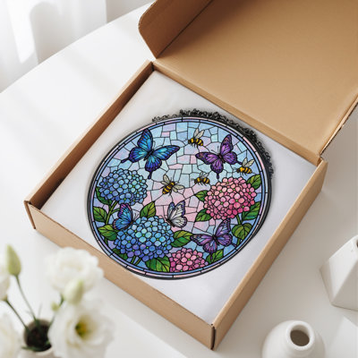 7.8"H Butterfly Flower Stained Glass Window Panel