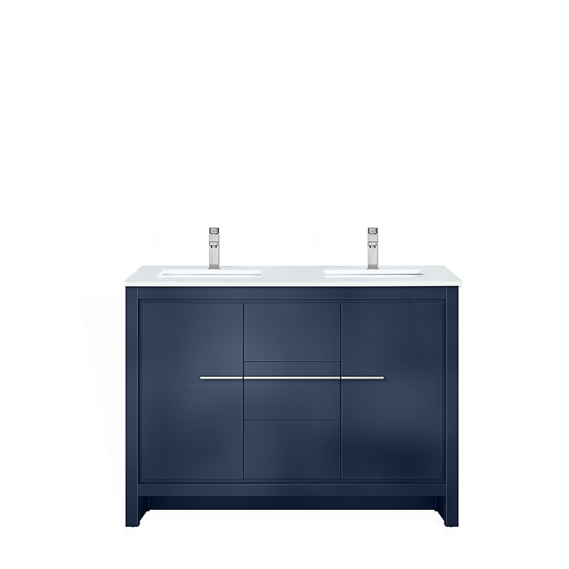 48 po X P 20 po Ensemble de meuble-lavabo double D avec comptoir en quartz blanc et robinet chromé, Bleu marine / chrome