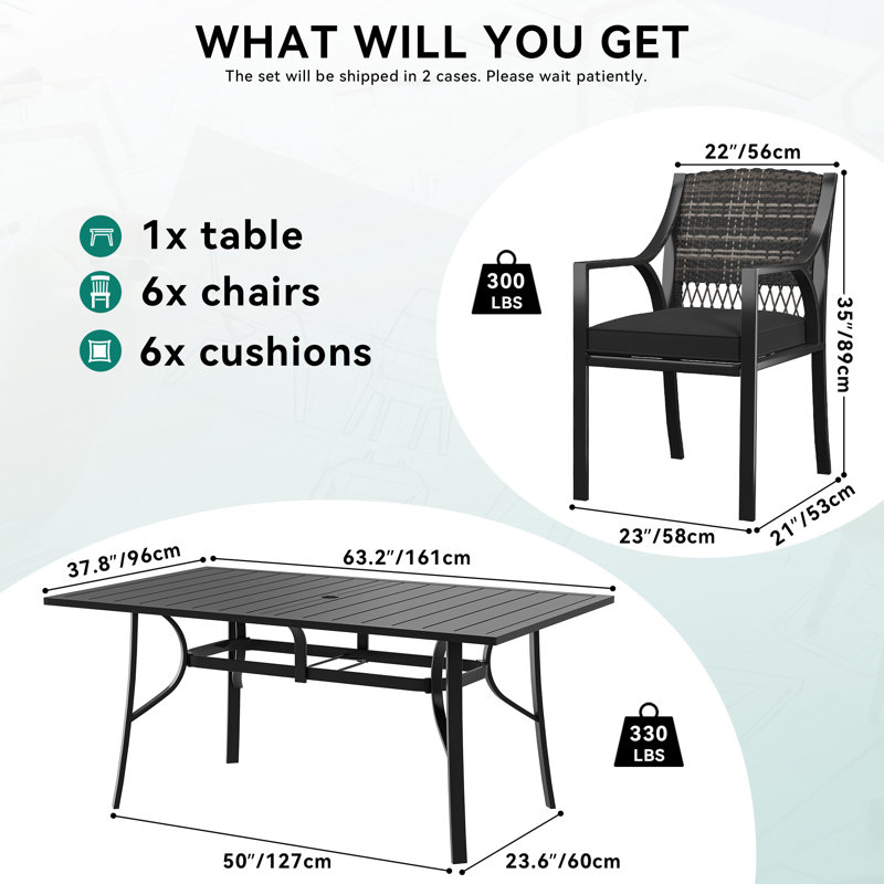 Ensemble de salle à manger rectangulaire pour 6 personnes 37 "avec coussins Daleysi
