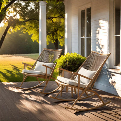 Set of 2 Iron Rocking Chairs with Maple Finish and PE Rattan Ergonomic Backrest