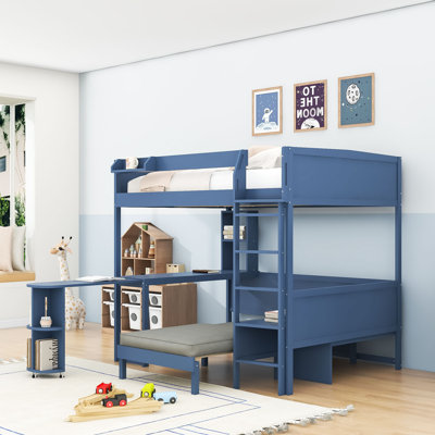 Full Wooden Loft Bed with LED Lighting, Convertible Sofa