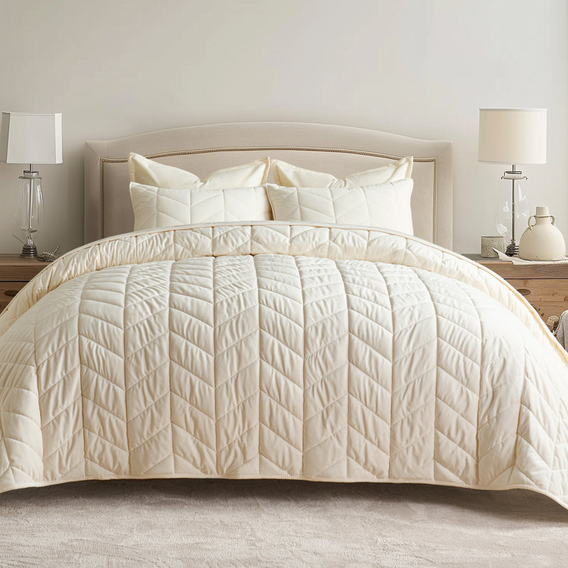 Ultra Soft Velvet Quilt Set, King Quilt + 2 King Shams, Cream White