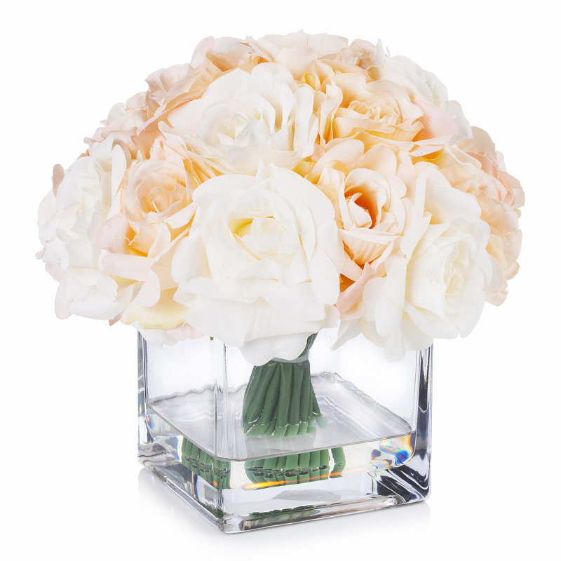 Cream Beige Silk Rose Arrangement in Clear Glass Vase