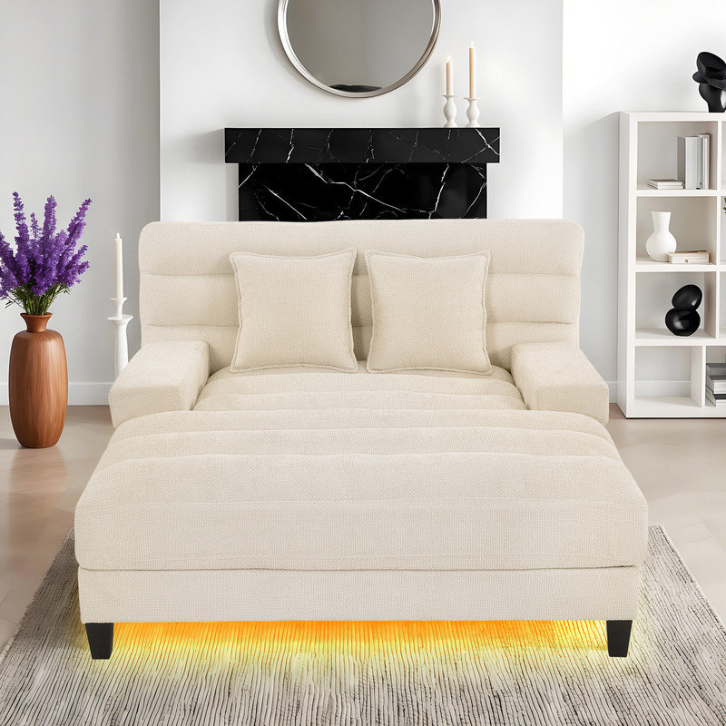 Chaise longue surdimensionnée en chenille avec dossier réglable et lumières DEL, Beige