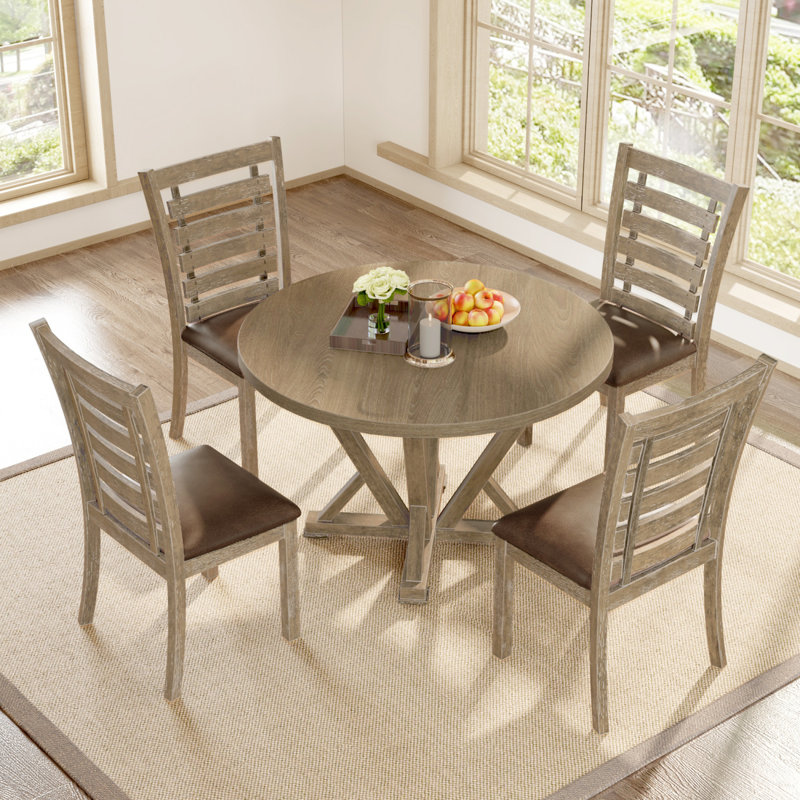 Pcs Table Set Round Dining Table   Farmhouse Rustic Look Distressed Look