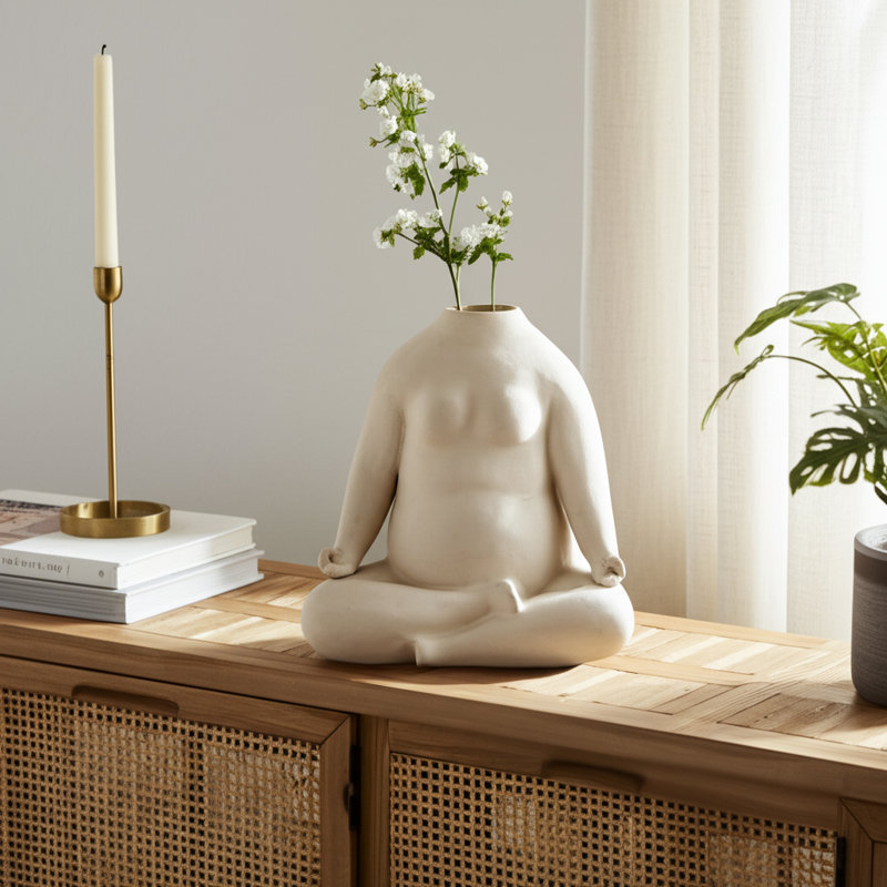 Vase Stoneware Ceramic Boho Meditative Figure Design 8 Inch Ivory Home Decor For Living Room Office Bedroom Tabletop Buddha-Style Yoga Inspired Sculptural Accent Piece.