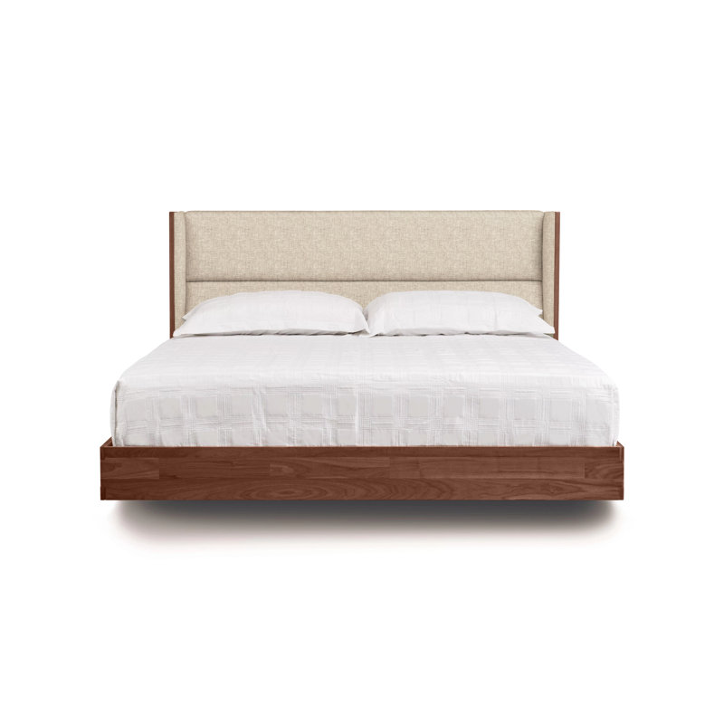 Lit plateforme tapissier Sloane, Très grand californien, Tissu chanvre, Noyer naturel