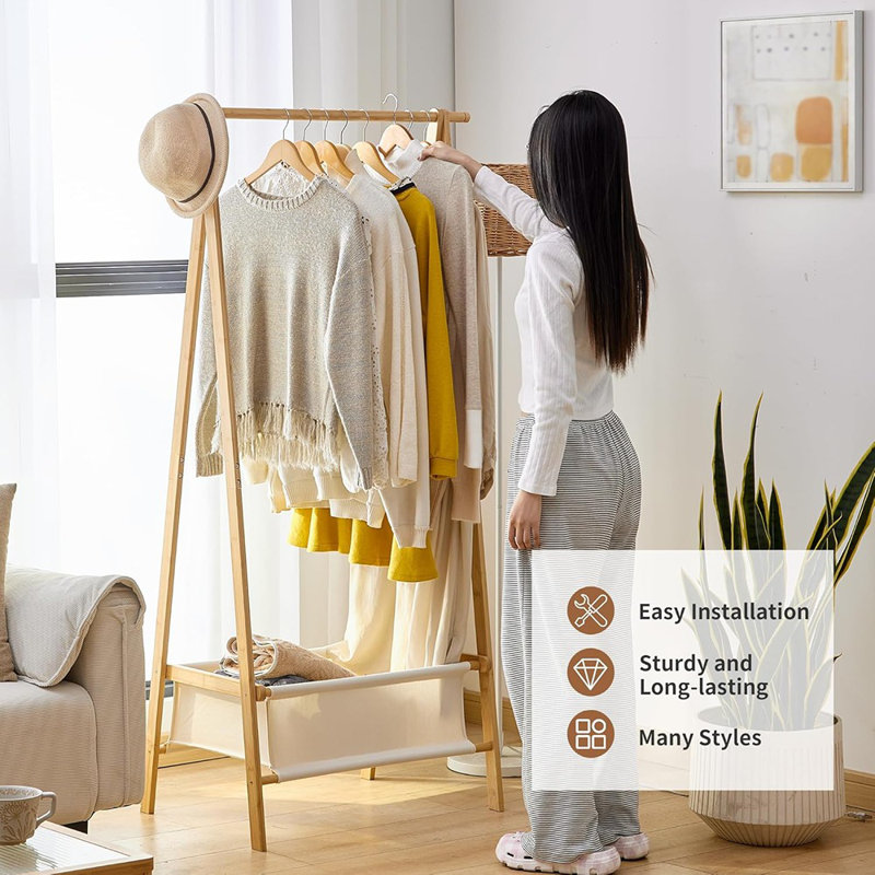 Portant à vêtements autoportant en bambou - Portemanteau pliable avec boîte de rangement pour suspendre les vêtements [Naturel] - [Bambou / Naturel / Autoportant]