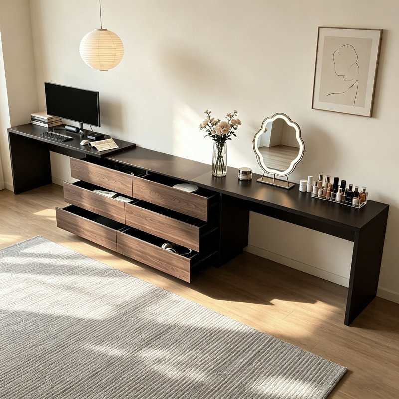 Modern Extendable L-Shaped Desk With 6 Storage Drawers, Black/Brown