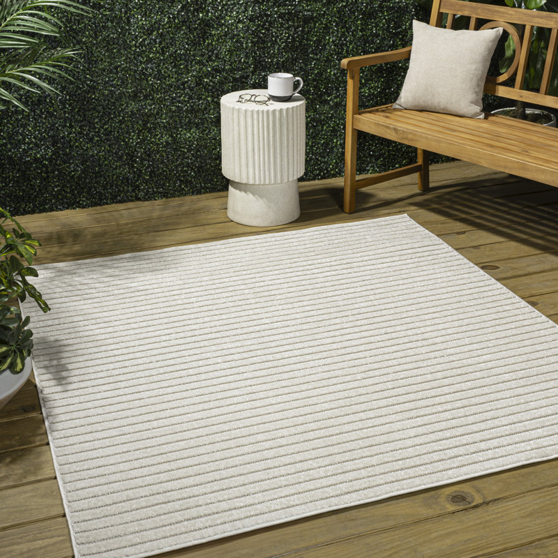 Atricia High-Low Minimalist Scandi Striped Ivory/Cream Indoor/Outdoor Rug, Square 7'