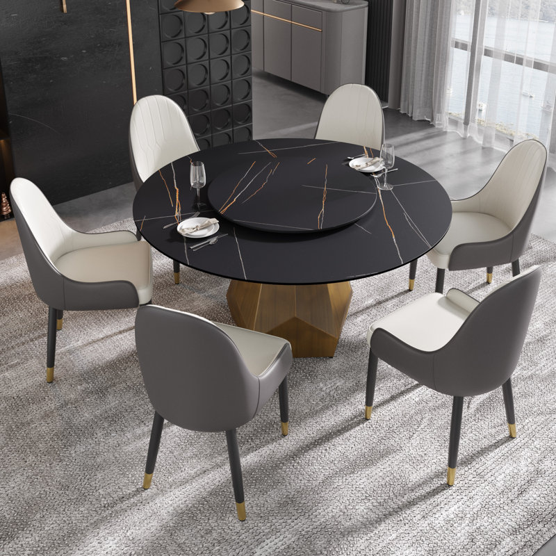 Round Sintered Stone Dining Table With Lazy Susan, Black, 29.53" H x 59.05" L x 59.05" W