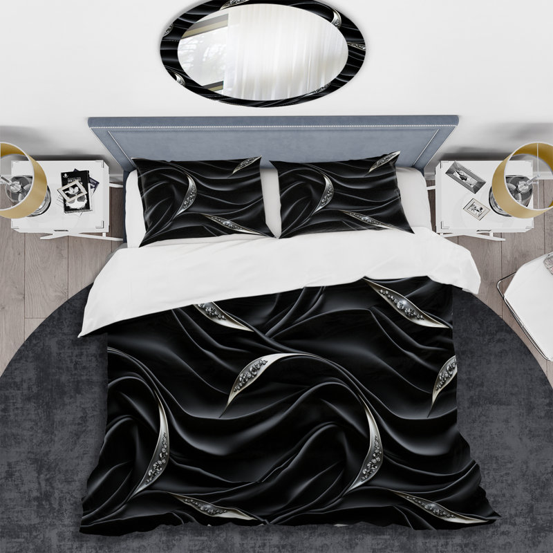 Deep Black Silver Elegance - Ensemble de housse de couette abstrait, Housse de couette simple + 1 taie décorative stan