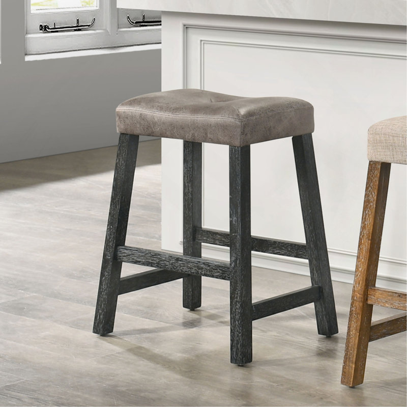 Set Of 2 Rustic Counter Stools, 25-Inch Backless Wooden Farmhouse Barstools With Faux Leather Seat, Distressed Finish, Space-Saving Design