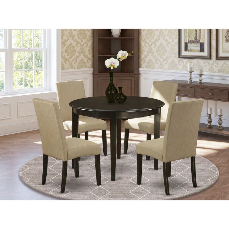 5 Piece Dining Table Set for 4 Includes a Round Kitchen Table and 4 Brown Linen Fabric Parson Dining Chairs, 42x42 Inch, Cappuccino