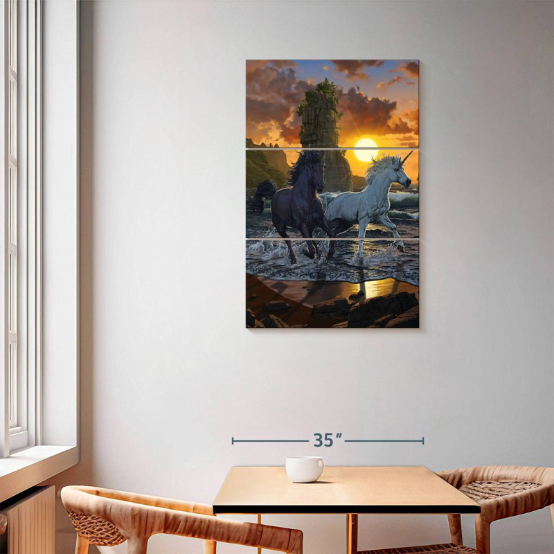Licornes de Brampt au coucher du soleil, H 57 po x l 36 po