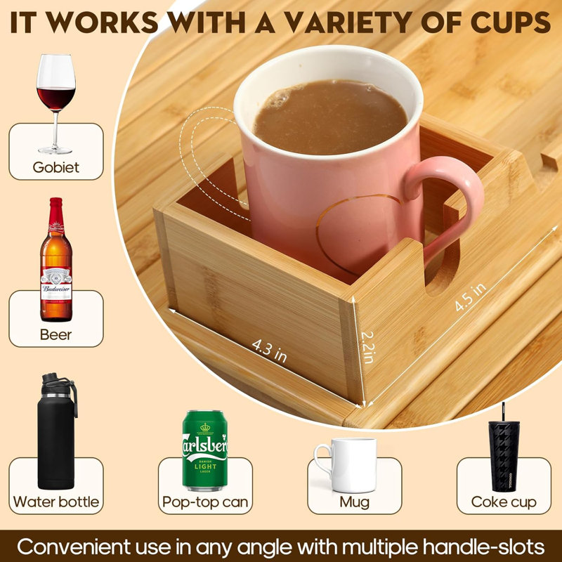 Bamboo Couch Arm Tray,Sofa Armrest Tray With Detachable Couch Cup Holder Tray, 2 In 1 Design Foldable Anti Falling Bamboo Couch Tray And Sofa Cup Holder For Cups Snacks Remote Cellphone