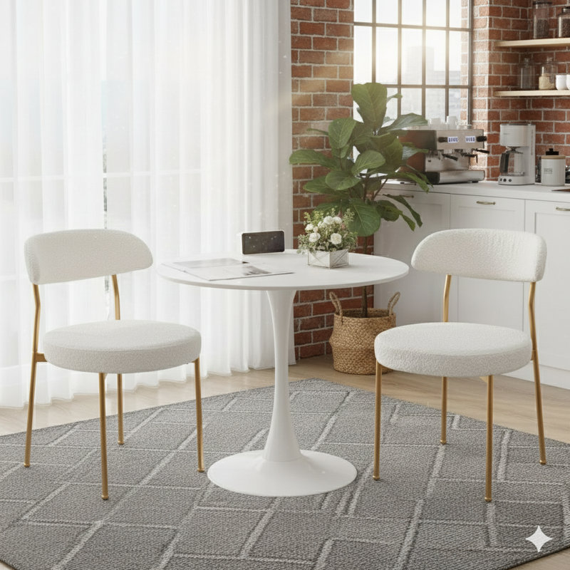 Ensemble de table de salle à manger rond avec 2 chaises, Blanc, Blanc / Doré