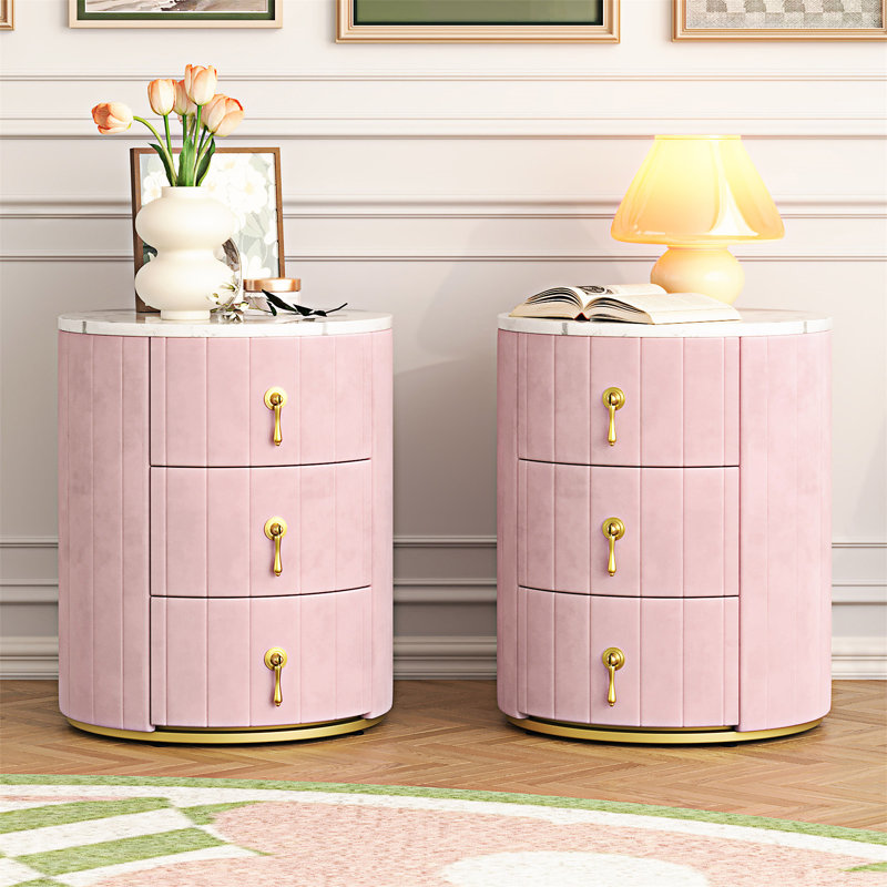 Table de chevet rembourrée avec 2 tiroirs, Rose