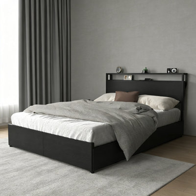 Bed Frame With 6 Storage Drawers & Charging Station, LED Dimmable Lighting Headboard, Noise Free Platform Bed With Wheel Drawers, No Box Spring Needed