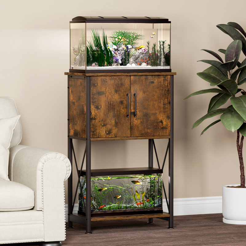 Rustic Brown Metal Fish Tank Stand with Storage Cabinet
