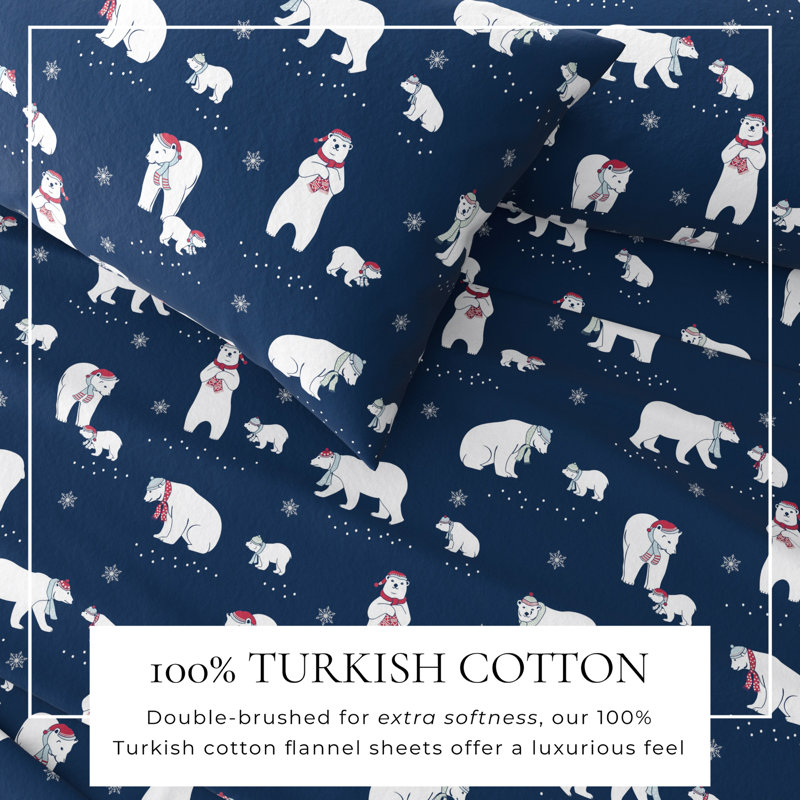 Full Size Navy Polar Bear Cotton Flannel Sheet Set