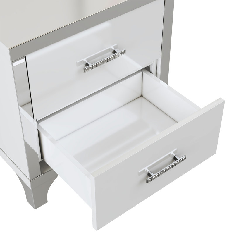 Table de chevet de chambre à coucher blanche, ultrabrillante, 2 tiroirs avec poignées en métal