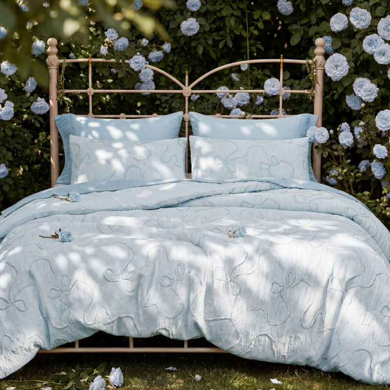 3D Puffy Jacquard Embroidery Bedding Comforter Set, King Comforter + 2 King Pillowcases, Winter Sky