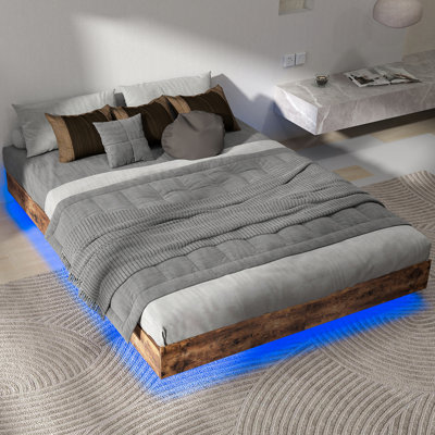 Floating Bed Frame With Led Lights Heavy Duty Metal Slats Support No Box Spring Needed Large Under Bed Storage Brown Wood