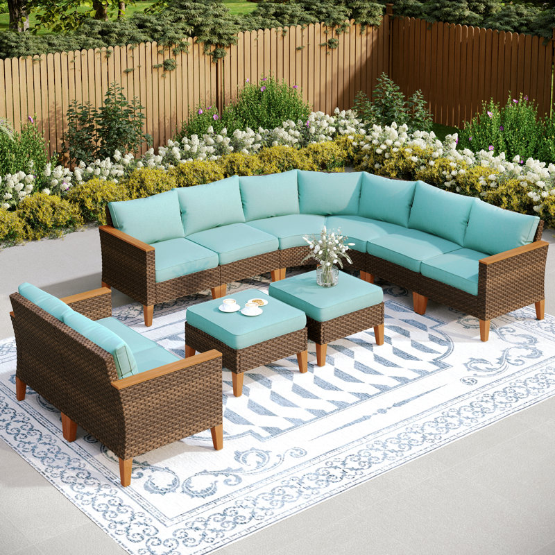 Shutesbury 9 Piece Wicker Outdoor Patio Conversation Furniture Sectional Set with Cushions, Blue