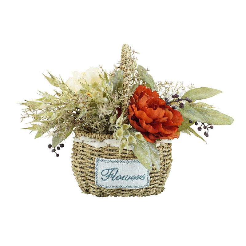 Arrangement de panier rustique floral - centre de table artificiel d'automne avec rose et verdure