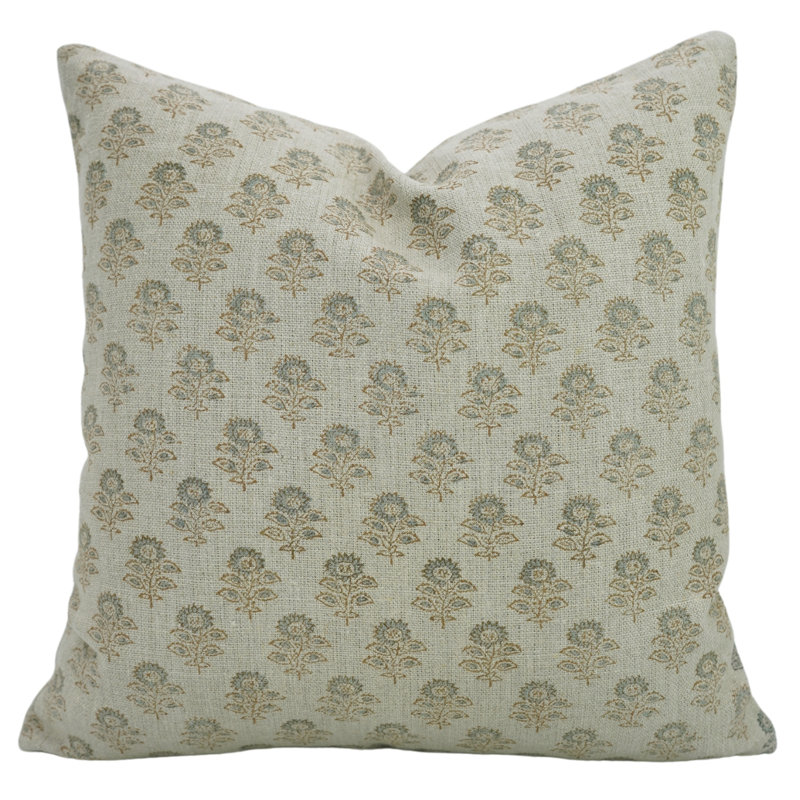 Housse de coussin en lin Bagru buti, H 20 po x l 20 po, Motif floral bleu, Carré