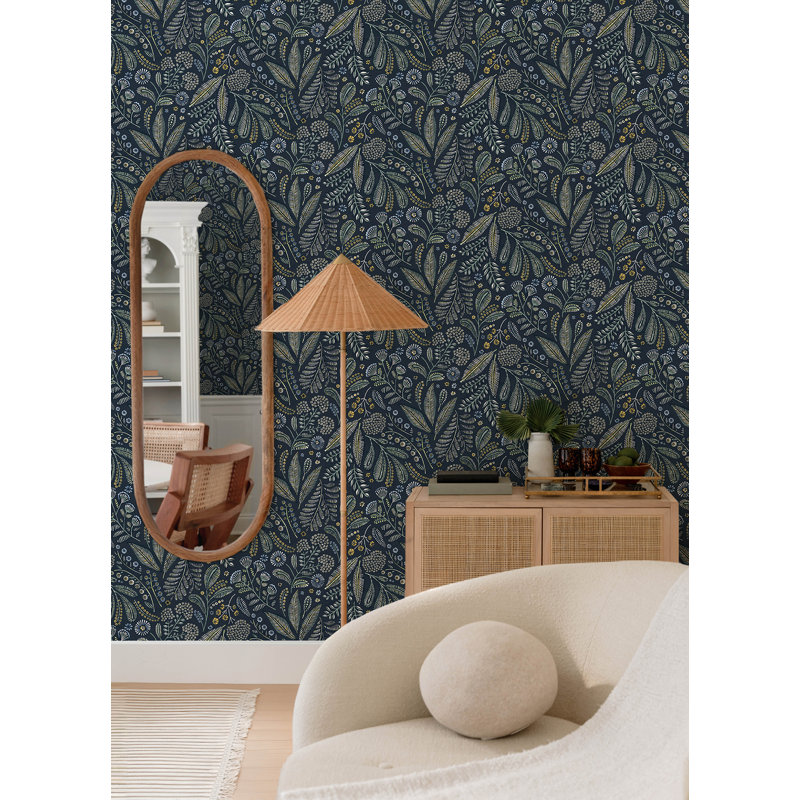 Briar Navy Floral Wallpaper, Navy Blue