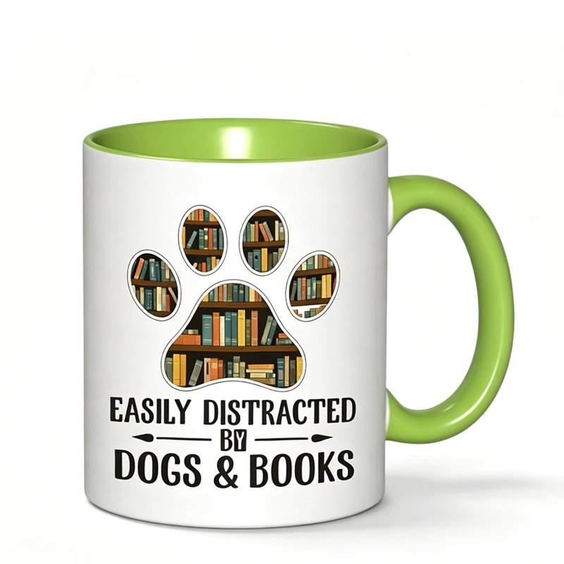 A Ceramic Coffee Mug Featuring a Dog And Book Design, Perfect for Holding Tea, Milk, Or Water.