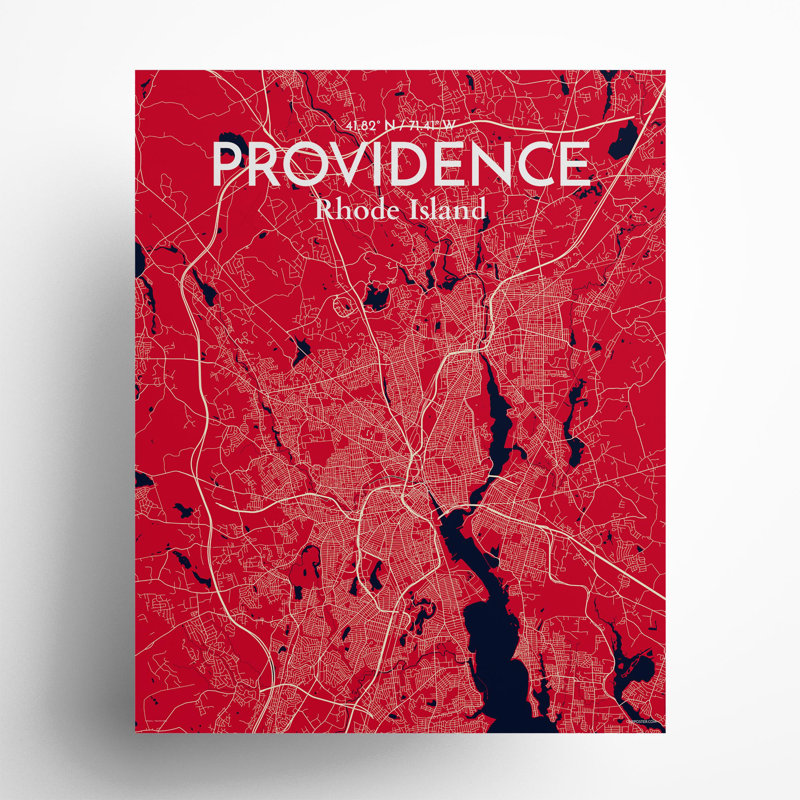 Providence, carte de la ville, impression, H 20 po x l 16 po, Rouge / Bleu marine