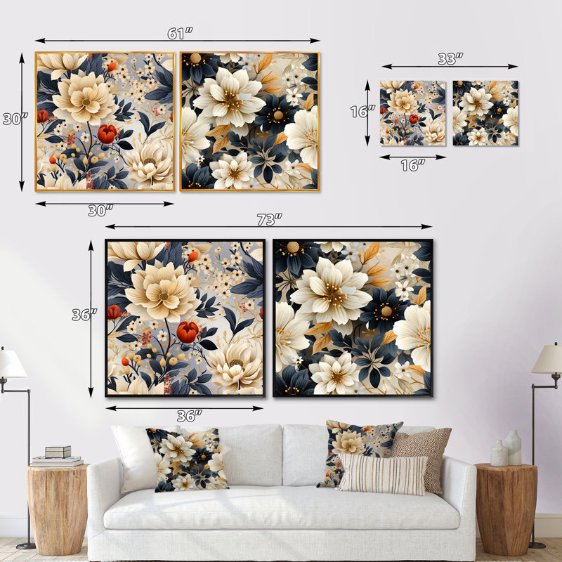 Olathe - Ensemble de 2 collages carrés floraux, Cadre flottant doré, H 16 po x l 33 po