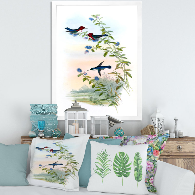 Colibri rétro II - peinture sur toile, Cadre photo blanc, H 32 po x l 16 po x P 1 po