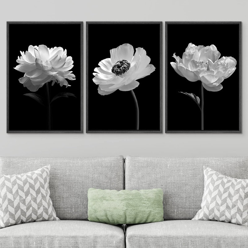 "Flower Blossom" noir et blanc coquelicot et œillet, nature morte, impression sur toile, 3 pièces, Noir