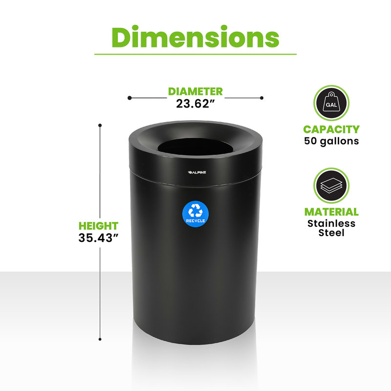 Poubelle de recyclage en acier inoxydable 50 gallons, Noir