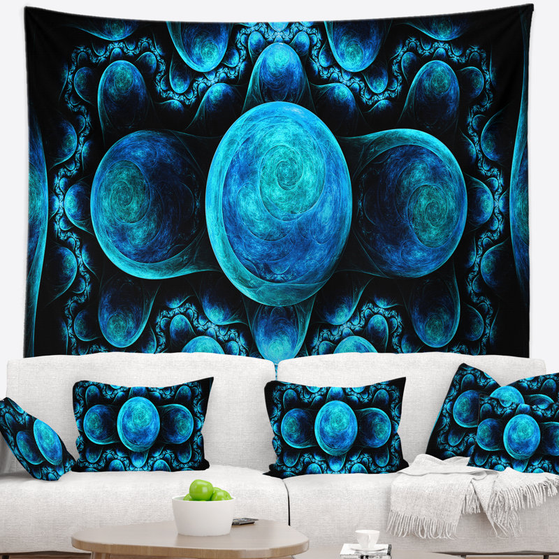 Motif abstrait bleu exotique sur une tapisserie noire, H 68 po x l 80 po