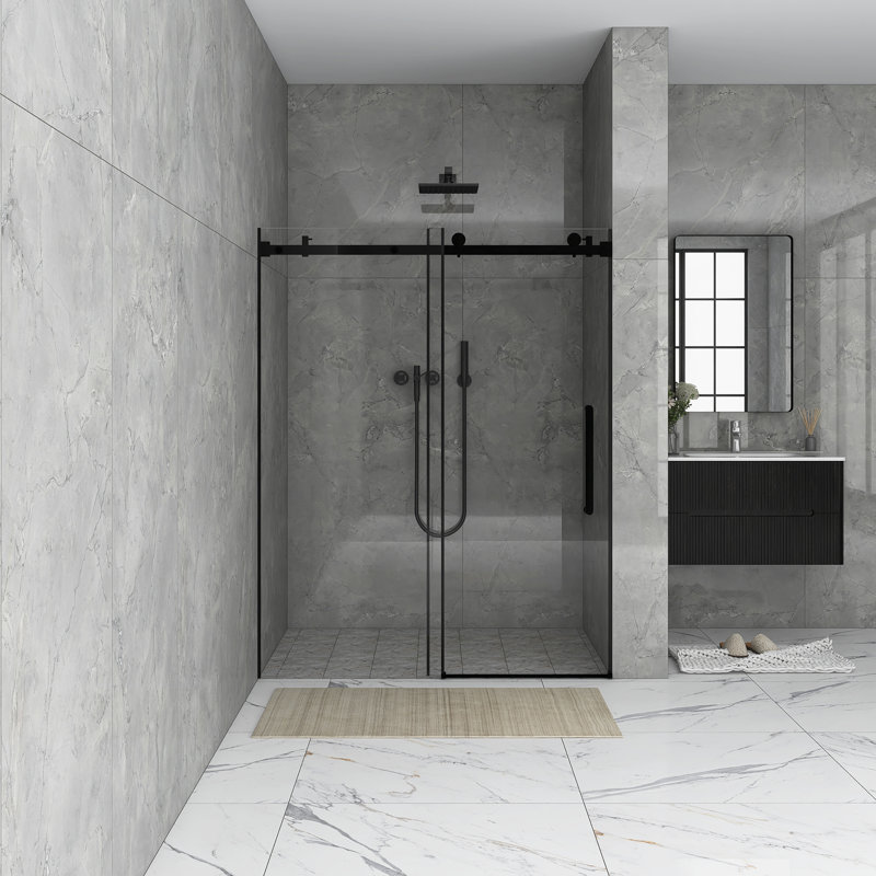 56 à 60 po X P 72 po H Porte de douche coulissante sans cadre au fini noir mat avec verre trempé transparent, Noir mat
