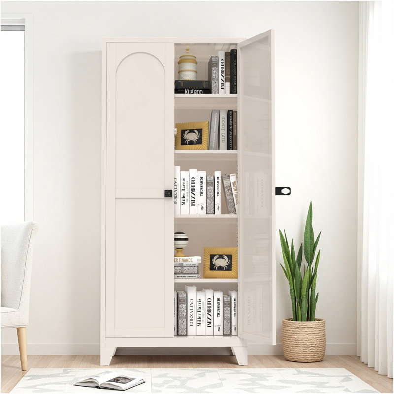 Armoire de rangement 71 po à 2 portes avec serrure, armoire de rangement en métal avec portes et tablettes réglables, pour la cuisine, la chambre à coucher et le salon (beige)