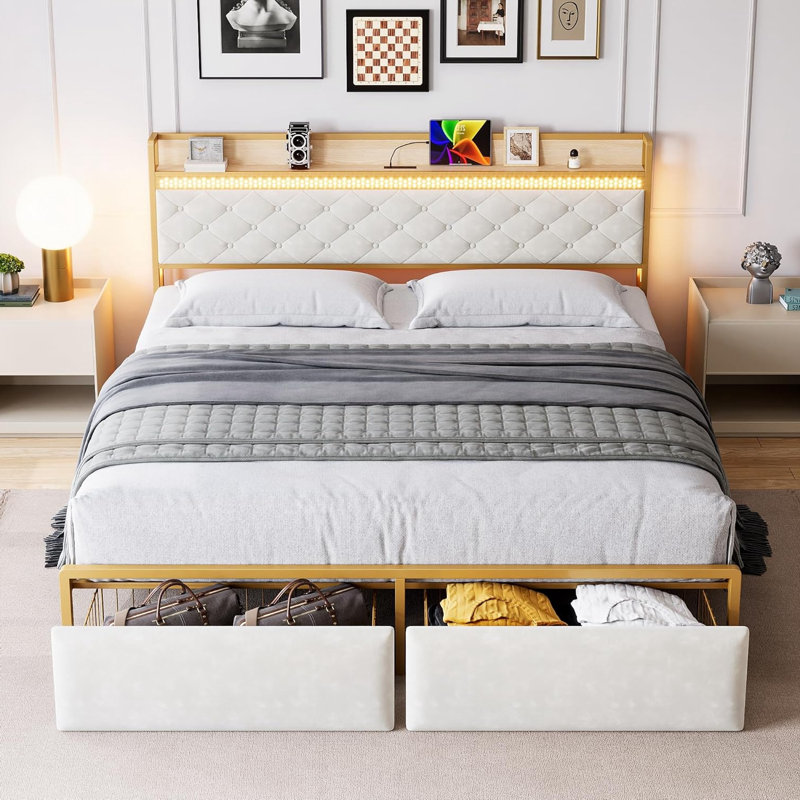 Base de lit plateforme avec lumières DEL, station de charge, tête de lit avec rangement, 2 tiroirs de rangement
