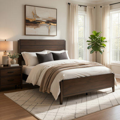 Eme Queen Size Bed, Slatted Headboard, Classic Dark Walnut Brown Frame