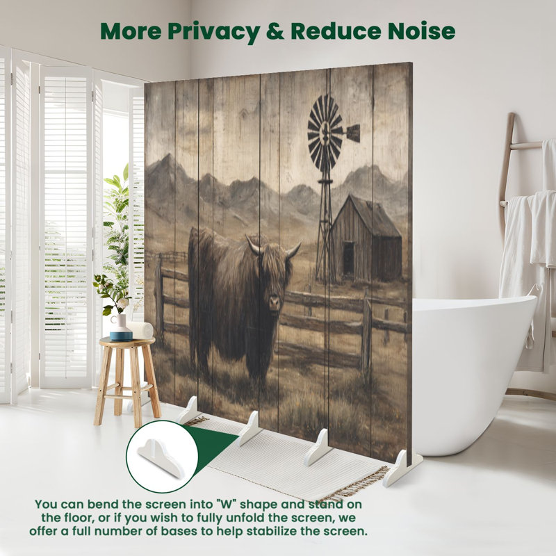 Paravent rustique à 4 panneaux pliables, motif vaches des Highlands royales paissant, en toile imitation bois vieilli, séparateur de pièce autoportant, cloison de protection pour plus d'intimité