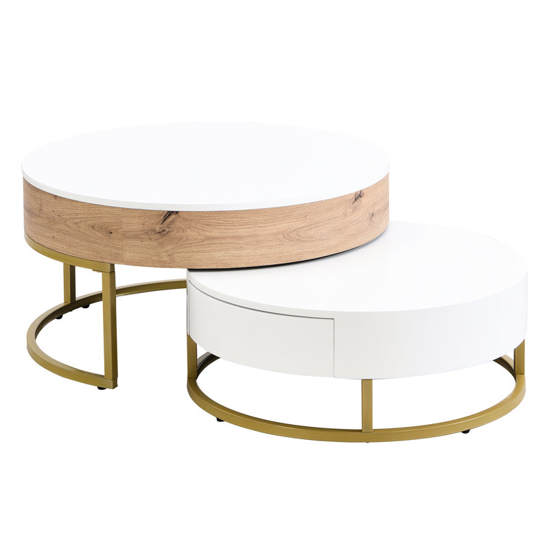 2 tables basses à plateau relevable en blanc et naturel - Design moderne, fonction gigogne, tables élévatrices hydrauliques, 2 tiroirs, naturel, mécanisme, gigogne compacte,