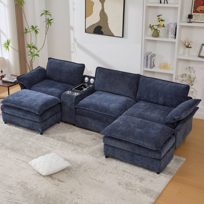 [NEW ARRIVED] U Shaped Upholstery Sectional Sofa,Sectional Modular With Storage Console & Wireless Charging,2 Cup Holders,Bluetooth Speakers