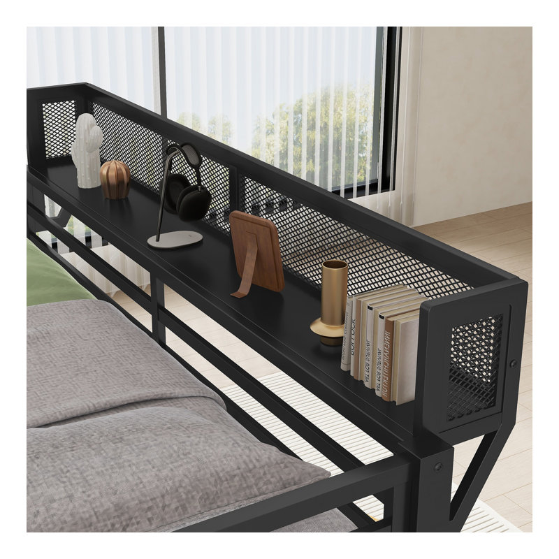 Grand lit superposé en métal avec échelle et tablette de rangement pour adultes, noir