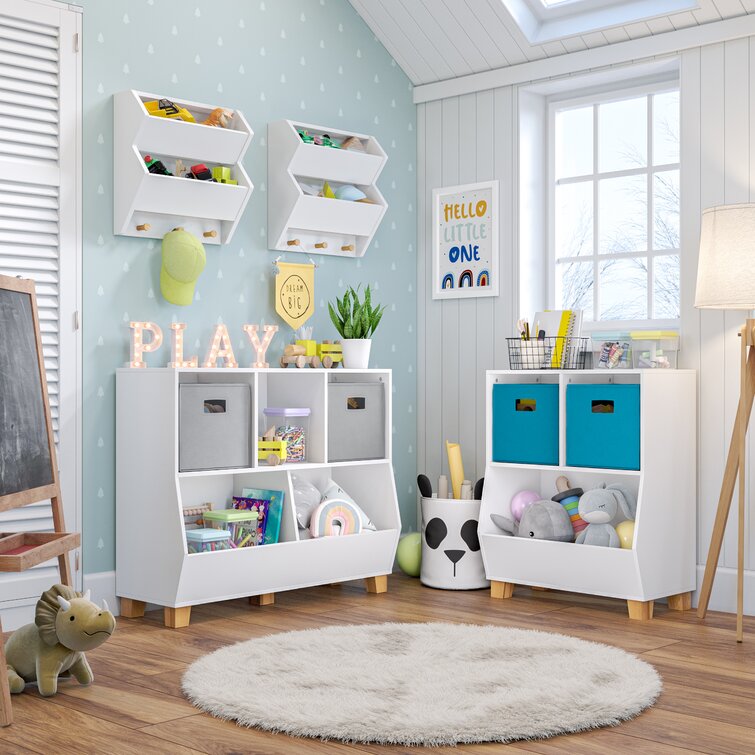 Catch-All Kids Multi-Cubby 35in Toy Organizer with Bookrack - White