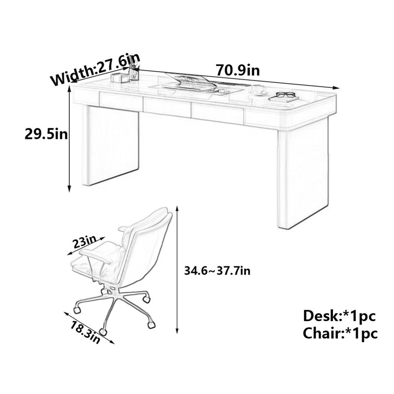 Creamy Modern Luxe Rock-Slab Office Desk, 29.5" H x 70.9" W x 27.6" D